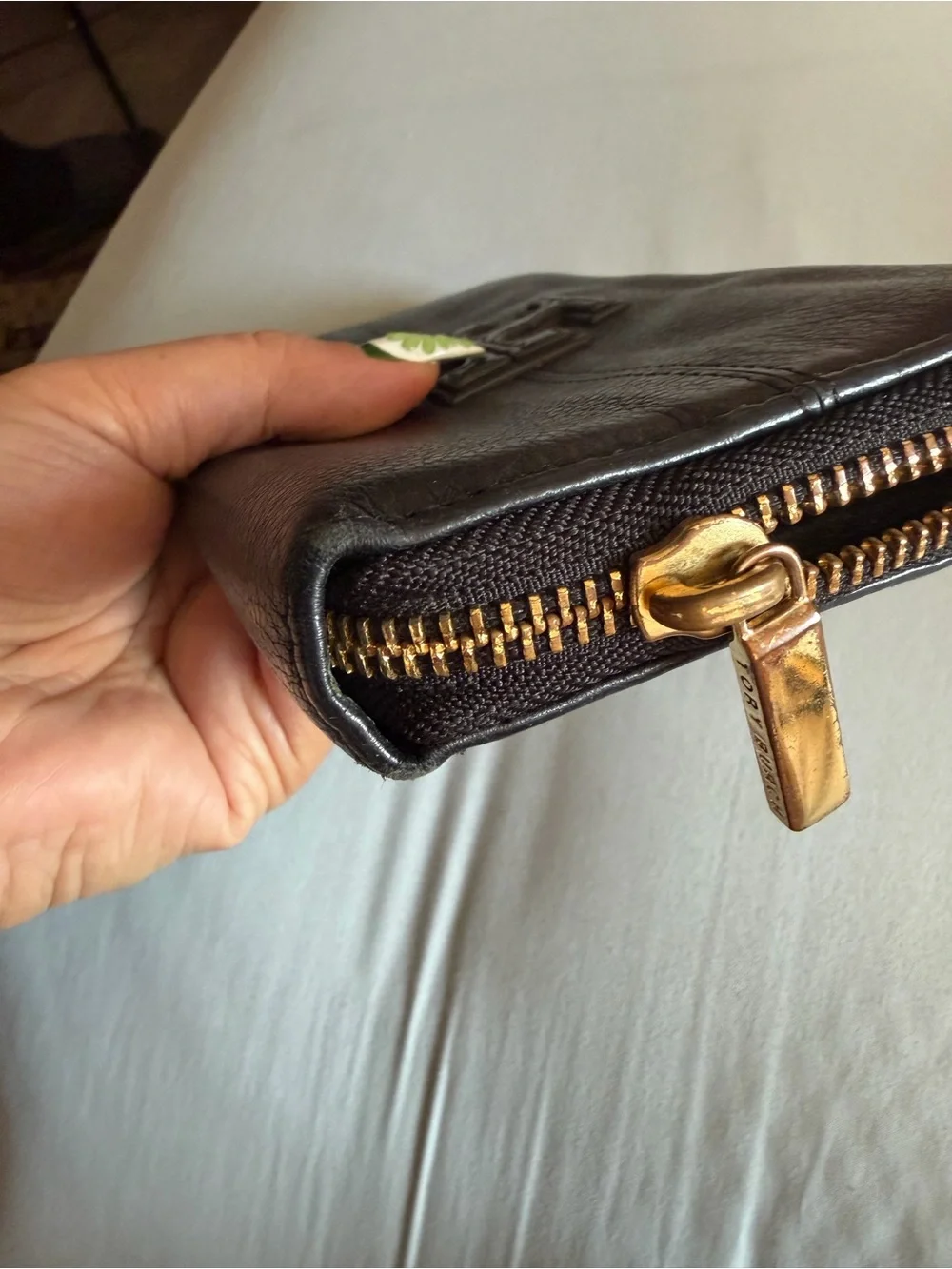 Tory Burch Black Leather Zip-Around Wallet with Logo